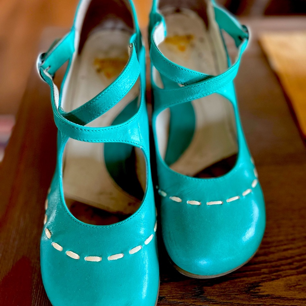 John Fluevog Turquoise Cross-Strap Heels